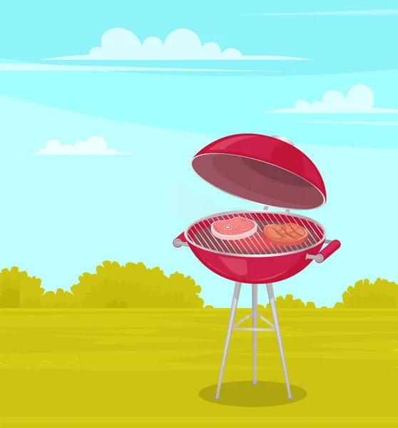 Круглый барбекю на подставке с красным дном и крышкой. Мясо жарится на горячих углях на вешалке под открытым небом — стоковый вектор