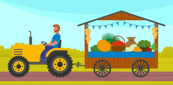 Landwirt verkauft Gemüse, Herbsterntedankfest. Mann fährt mit Traktor gegen Traktor — Stockvektor