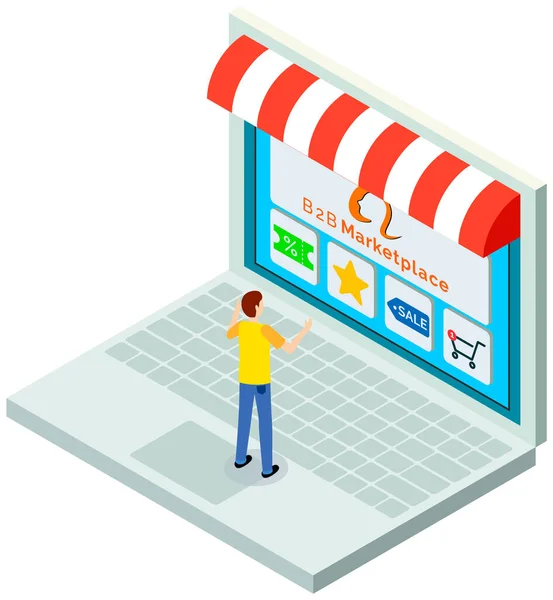 Homme utilisant l'application pour acheter et commander des marchandises via Internet. Moniteur avec site de vente — Image vectorielle