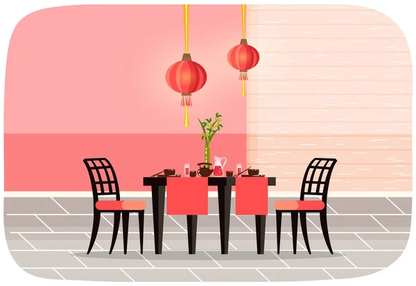 Restaurante em estilo chinês design de interiores. Mesa servida com comida da China e pratos — Vetor de Stock