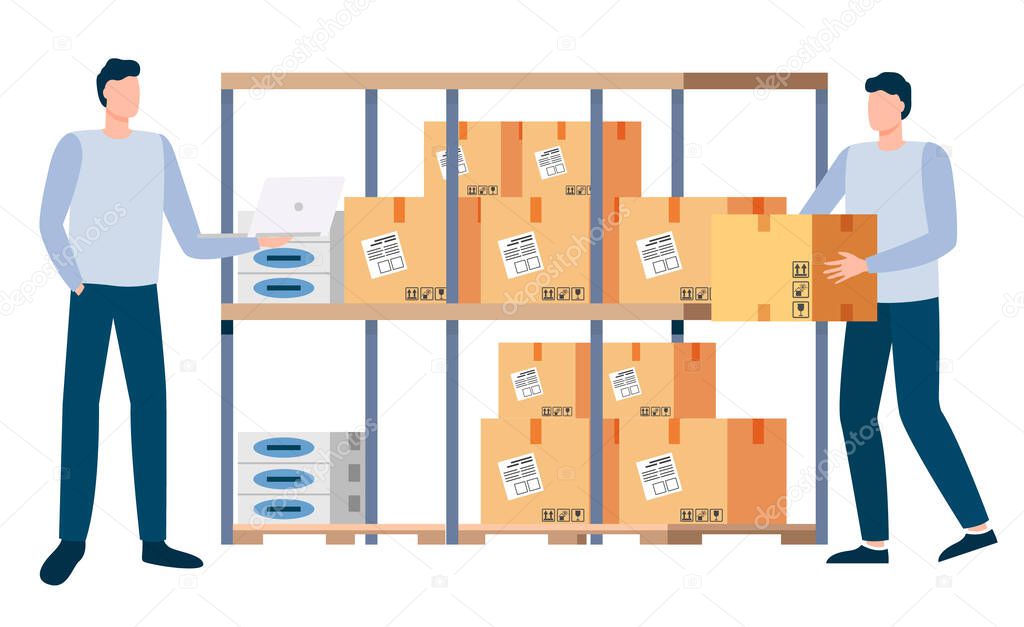 People Working in Logistics, Men with Boxes Vector