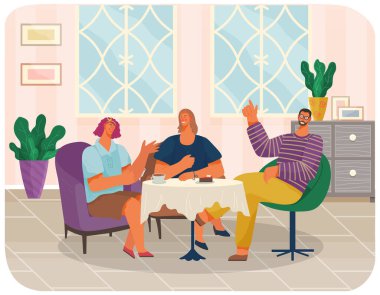 Friends are sitting in cafe or restaurant at table eating cakes and drinking coffee, communicating