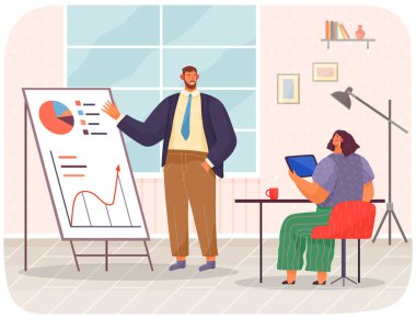 Business meeting or working process. Woman sitting at table with laptop, man explains statistics