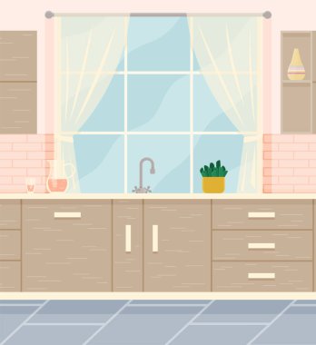 Kitchen with furniture. Cozy kitchen interior with stove, cupboard, dishes and potted plants