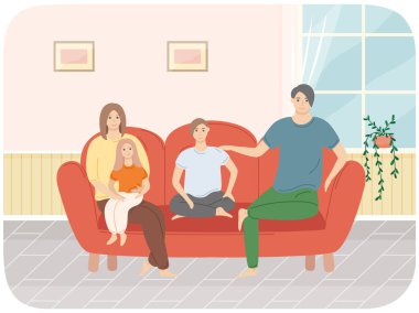Parents and children relaxing at home. Family spend time together in living room vector illustration