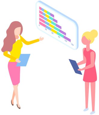 Women while looking and discussing graph growth dynamics. People study statistics on background