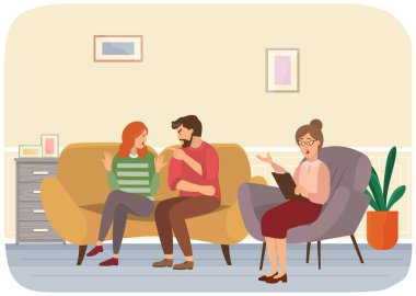 Family relationship problems. Conversation between man, woman and female psychologist therapist