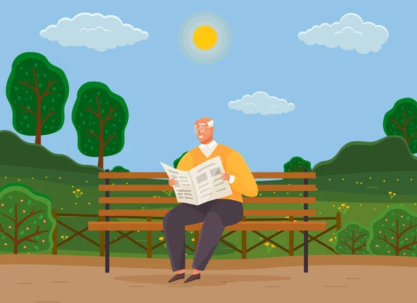 Vieil homme avec des lunettes assis et lire le journal sur le banc dans le jardin de la ville avec des arbres verts — Image vectorielle