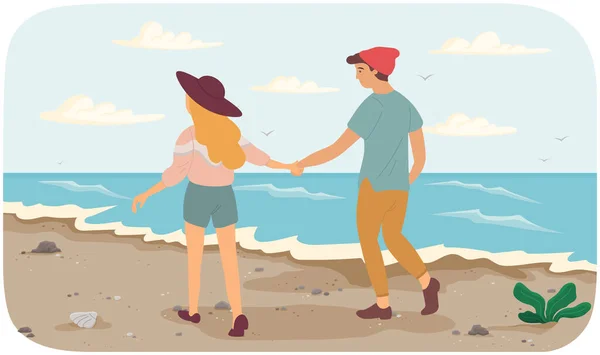 Stylish couple walks near ocean bank. Guy and girl hold on to handles. Family has date on coastline — Stockový vektor