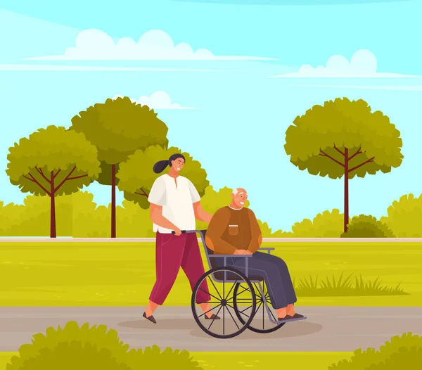 La mujer enrolla al viejo en silla de ruedas. Abuelo camina y se sienta en coche para discapacitados en el parque de la ciudad — Vector de stock