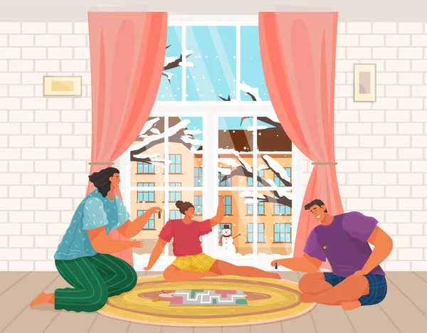 Ευτυχισμένη οικογένεια παίζει επιτραπέζιο παιχνίδι δίπλα στο παράθυρο του χειμώνα. Γονείς με παιδί διασκεδάζουν μαζί στο σπίτι — Διανυσματικό Αρχείο