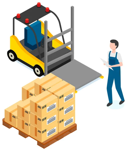 Driver looks at forklift with boxes, carriage of cardboard containers with parcels inside — Stock Vector