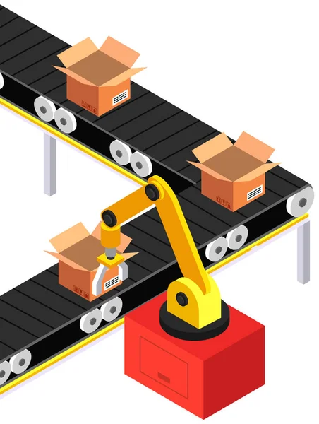 Mekanisk arm lyfter paket och platser på transportören. Automatiserad monteringslinje med öppna lådor — Stock vektor