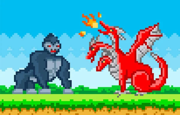 Pixelated natural landscape with red three-headed dragon fighting with fire against big gorilla — Vettoriale Stock