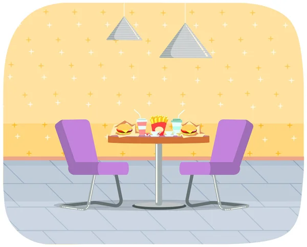 Fast food establishment. Restaurant or cafe interior design. Table with junk food and cocktails —  Vetores de Stock