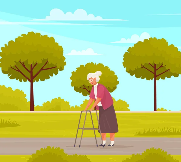 Abuela con gafas paseos con andador adulto en el parque. Abuela pasa tiempo en el hogar de ancianos — Vector de stock