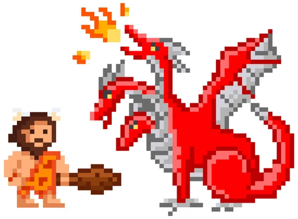 Pixelated caveman holding baton fighting against red three-headed dragon breathing fire isolated — Vettoriale Stock