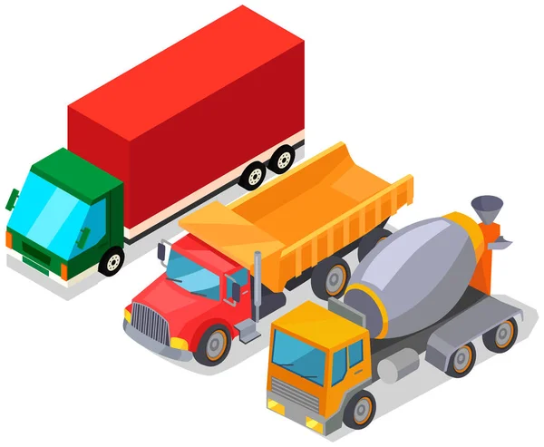 Concrete mixer, closed trailer truck and dump truck. Vehicle for transporting goods worldwide — Image vectorielle