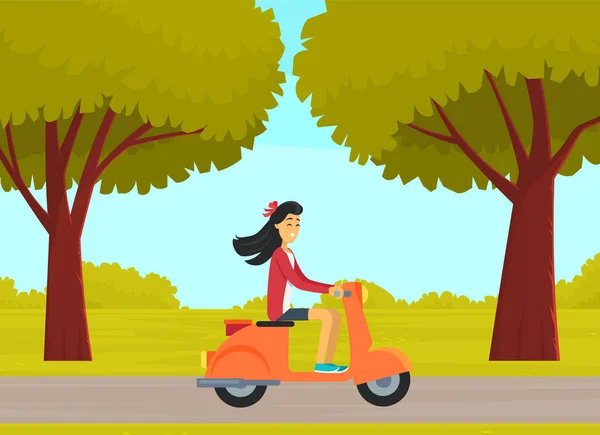 Female character riding scooter on road in city park. Woman drives orange moped on street outdoors — Stock Vector