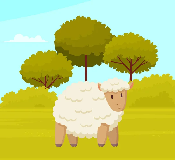 Cute white sheep stands on green meadow. Farm animals. Summer panorama with field and trees — Stock Vector