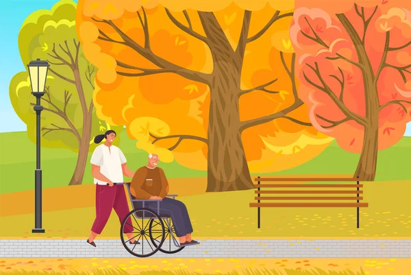 Femme roule vieil homme en fauteuil roulant. Grand-père marche et s'assoit en calèche dans le parc de la ville — Image vectorielle