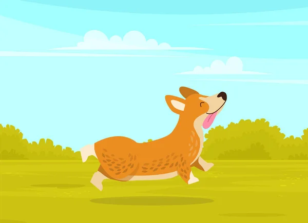 Glückliche niedliche Corgi Hund läuft im grünen Sommer Park Hintergrund. Lustiger Ingwer-Welpe mit kurzen Pfoten — Stockvektor