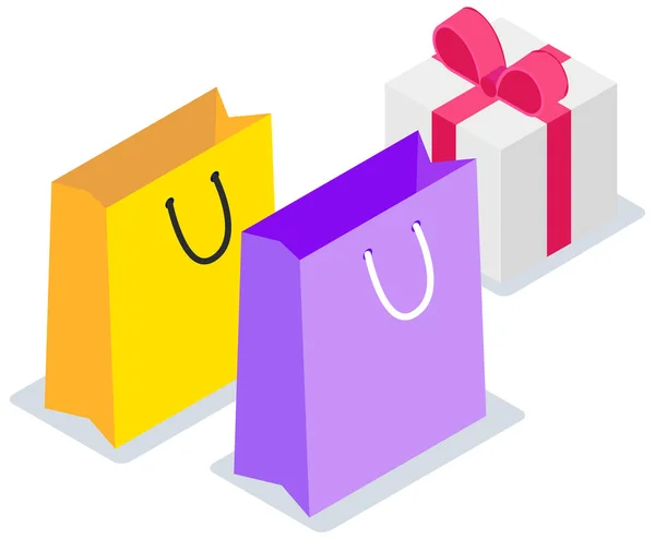 Paper bags, gift box vector illustration. Packaging and carrying for purchases and shopping in store — Stockový vektor