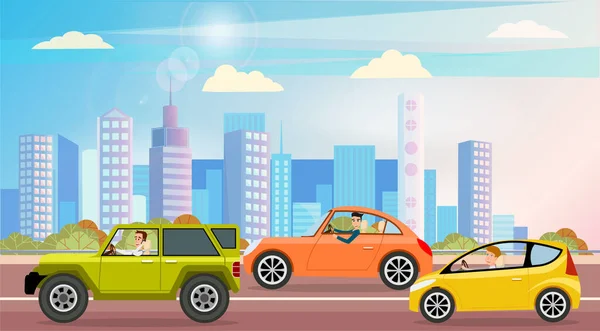 Automobiles on background of background of cityscape. Transport drive on asphalt road with markings — Stock Illustration Automobiles on background of background of cityscape. Transport drive on asphalt road with markings Royalty Free Stock Illustrations