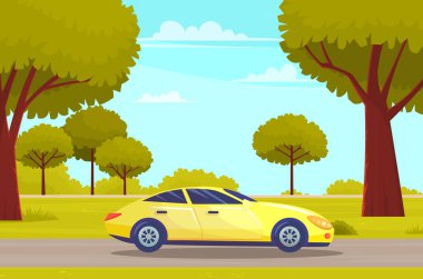 Yellow car drive on road in countryside against green forest with large trees. Car tourism, journey