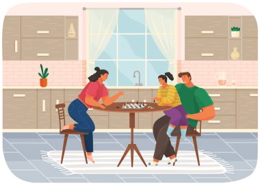 Satranç oynayan neşeli bir aile. Oyun oynayan aileler ve çocuklar mutfakta vakit geçiriyorlar.