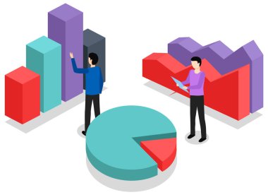 Men study statistics shown on charts. Colleagues are working with data. People analyze metrics