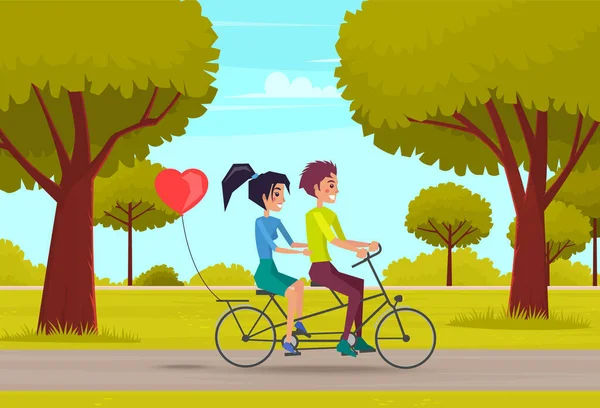 Couple riding tandem bicycle on road in forest or city garden. Woman and man spend time actively — Stok Vektör