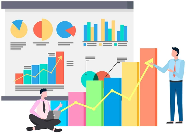 Erfolgreiche Präsentation von Geschäftsprojekten, Planung der Unternehmensstrategie, Analyse statistischer Indikatoren — Stockvektor