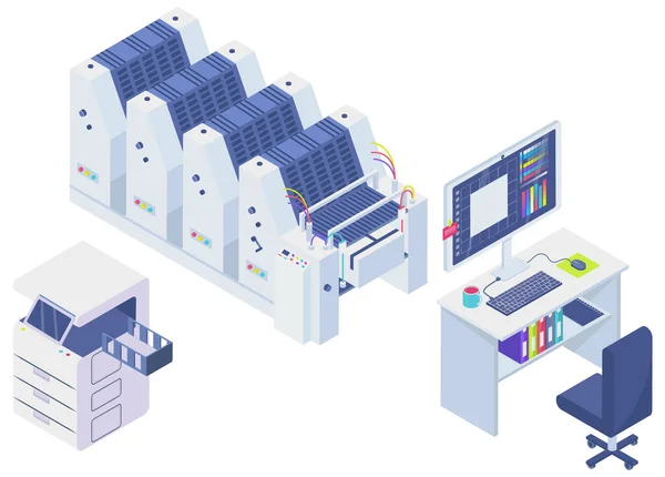 Technique, printer, printing machine vector illustration. Furnishing and layout of workplace — Stock Vector