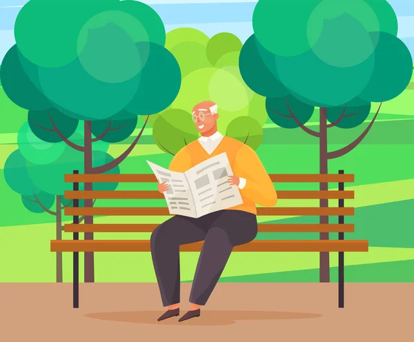 Vieil homme avec des lunettes assis et lire le journal sur le banc dans le jardin de la ville avec des arbres verts — Image vectorielle