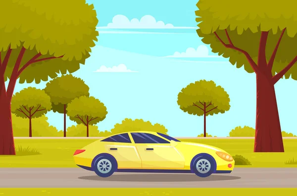 Gelbe Autos fahren auf der Landstraße gegen grünen Wald mit großen Bäumen. Autotourismus, Reise — Stockvektor