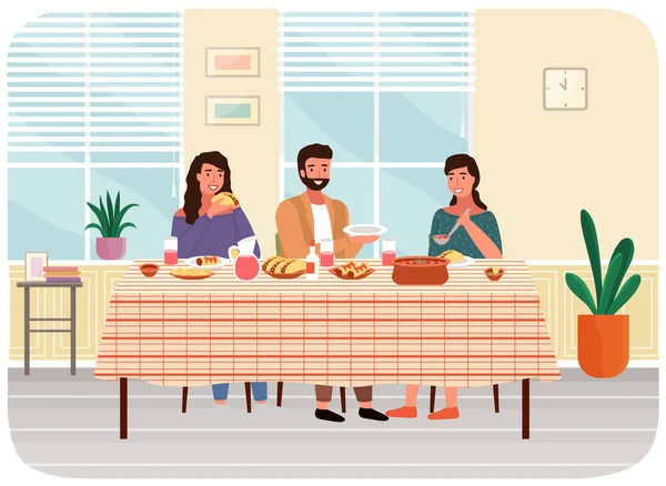 Group of people family or friends dining together at home. Characters eating mexican cuisine dishes — Stok Vektör