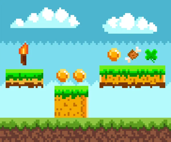 Pixel-escena del juego con hierba, árboles y premios para el jugador monedas de oro, hueso de la carne, antorcha y hoja — Vector de stock