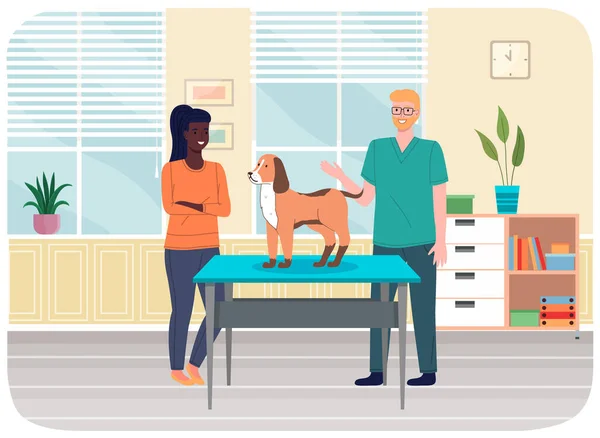 Veterinarian doctor treat ginger dog in hospital office. Man stroking puppy, veterinary care — Archivo Imágenes Vectoriales