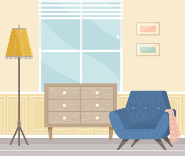 Düz dizayn iç tasarım. Dairedeki mobilyaların planlanması ve düzenlenmesi. Oturma odası. Ev hayatı. Biçim evi