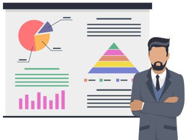İş adamı istatistiksel bir rapor sunuyor. Analiz ve planlama sektörü