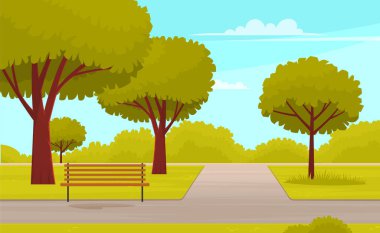 Park for recreation, walks and entertainment. City garden with bench for rest, green trees and grass clipart