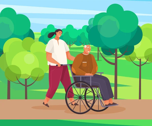 Γυναίκα κυλάει γέρο σε αναπηρική καρέκλα. Παππούς περπατά και κάθεται σε αναπηρική άμαξα στο πάρκο της πόλης — Διανυσματικό Αρχείο