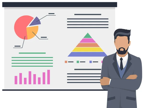 Affärsman gör en presentation av en statistisk rapport. Affärsidé för analys och planering — Stock vektor