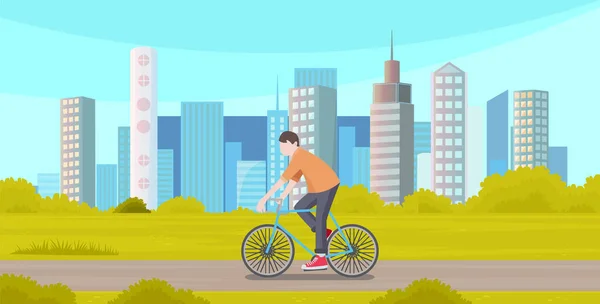 Un tipo montando en el parque en verano. Hombre monta bicicleta en la ciudad carretera pasa tiempo en la ciudad con rascacielos — Vector de stock