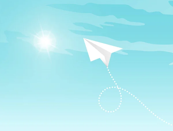Gli aerei volano tra le nuvole e la luce nel cielo. Modello design mockup con piani di carta bianca — Vettoriale Stock