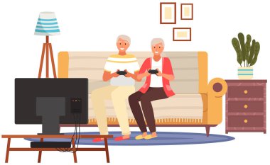 Yaşlı insanlar kanepede oturup ellerinde joysticklerle oturuyorlar. Teknolojisi olan yaşlı insanlar