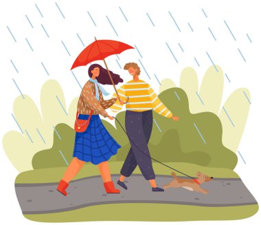 Şemsiyeli genç bir çift parkta küçük bir köpekle yürüyor. Yağmurlu havada açık hava aktivitesi