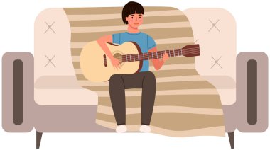 Erkek karakter gitar çalmayı öğreniyor. Genç gitarist çocuk kanepede oturup müzik yapıyor.