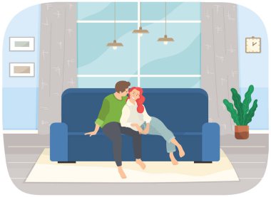 Akrabaları evdeki kanepede oturuyor. Sevimli, mutlu adam, oturma odasında güzel kızı kucaklıyor.